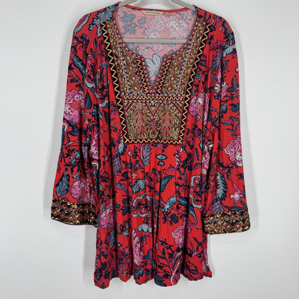 Soft Surroundings Women's Samara Floral Beaded Sequin 3/4 Sleeve Tunic Orange 2X